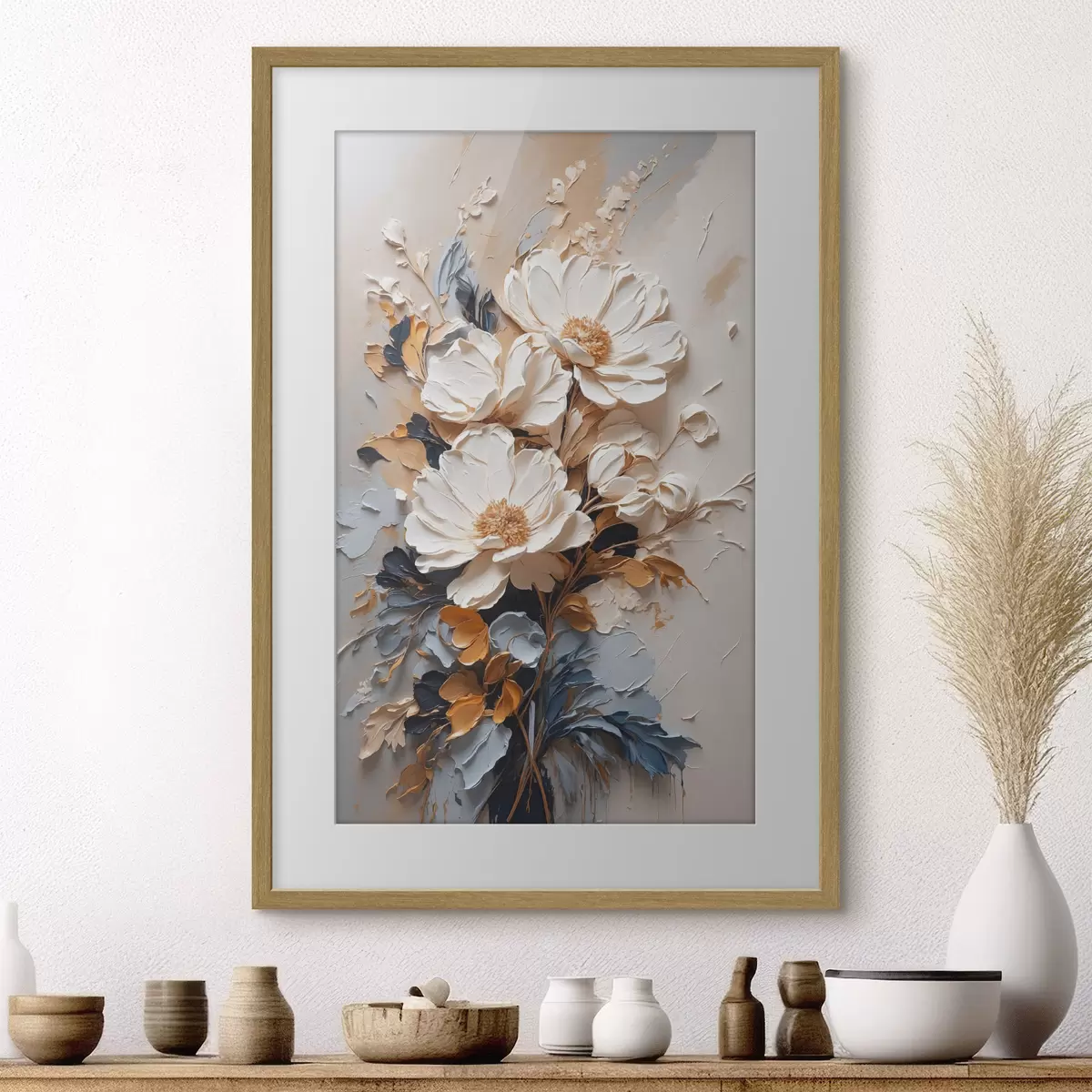 Poster Fiori avorio e foglie scure f37327