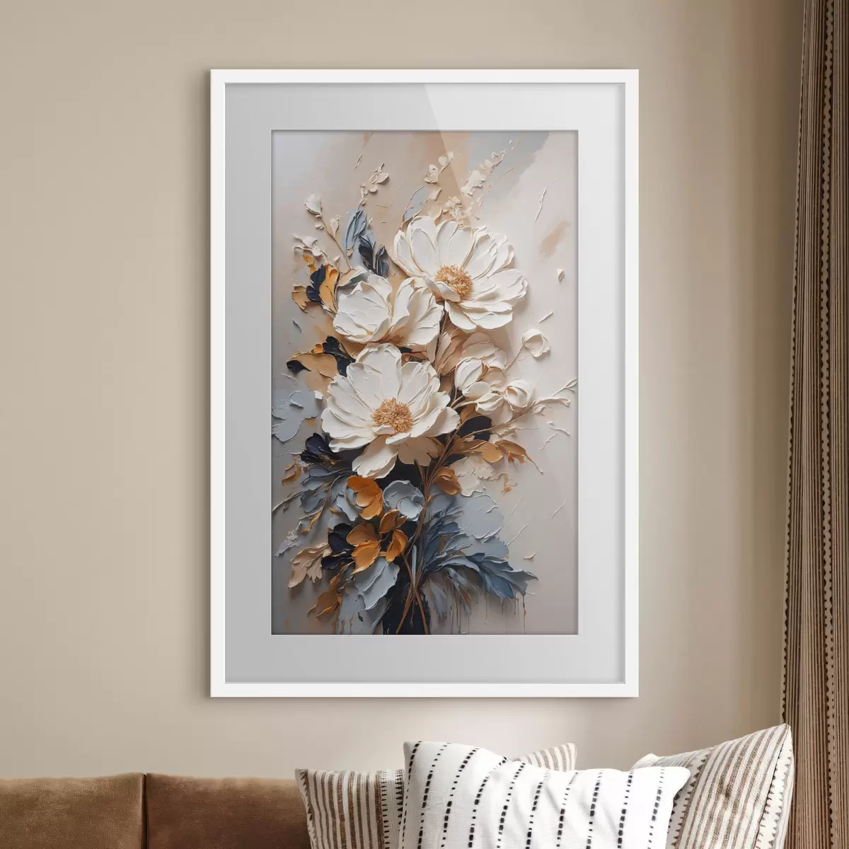 Poster Fiori avorio e foglie scure f37327