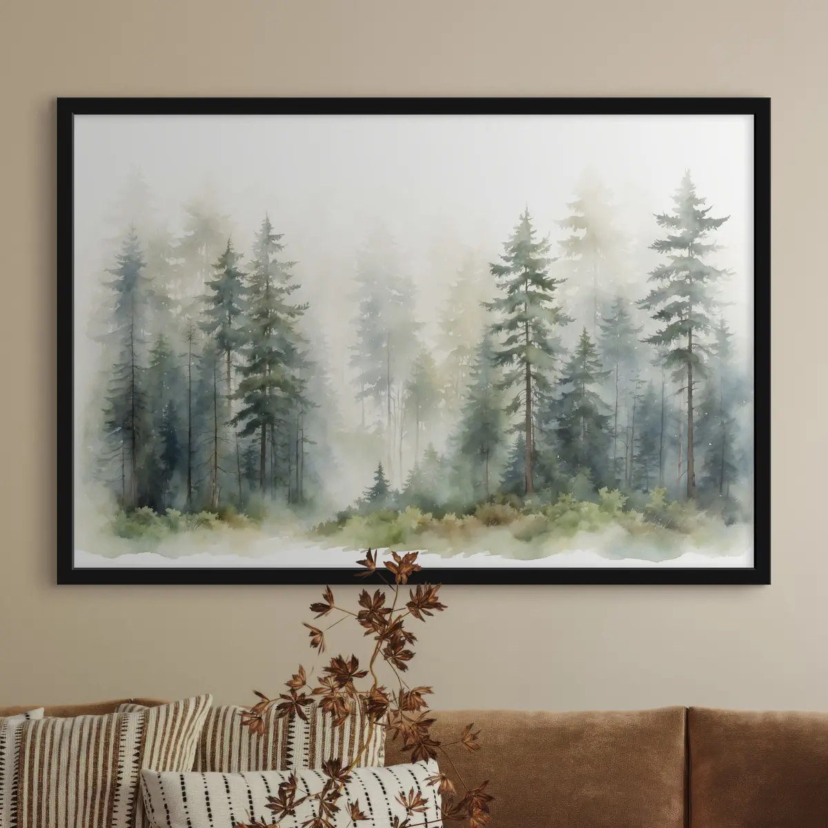 Poster Paesaggio forestale nebbioso dalle tonalità tenui f37337