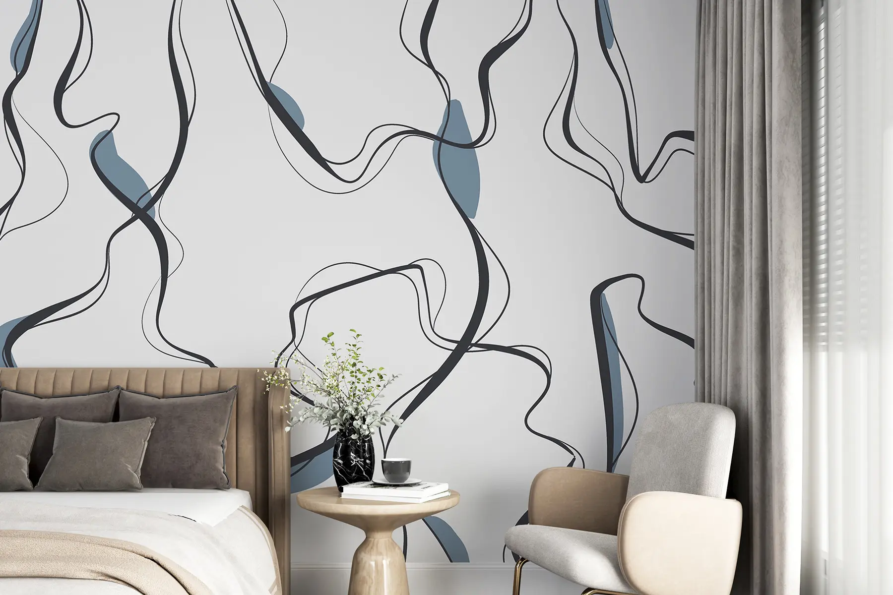 carta da parati Disegno a inchiostro, motivo astratto, linee geometriche, grigio e blu nr. u99659