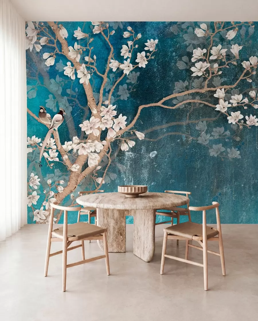 Carta da parati Floreale Uccelli e fiori sul blu I n. u12150d1