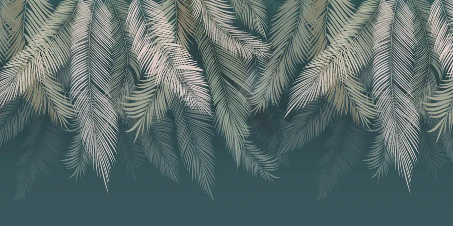 Carta da parati Tropici della Foresta Foglie di palma su sfondo verde scuro n. u48556v2d2