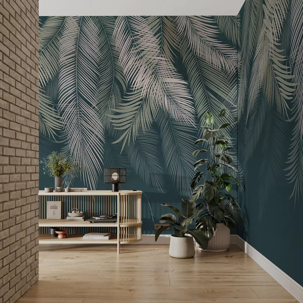 carta da parati Foglie di palma su sfondo verde scuro nr. u48556v2d2