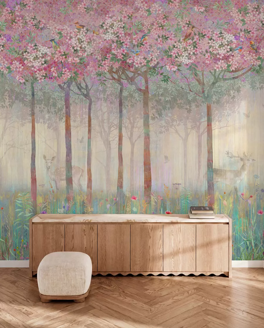 carta da parati Alberi fioriti con lunghi tronchi, cervi tra gli alberi nr. u62100d2